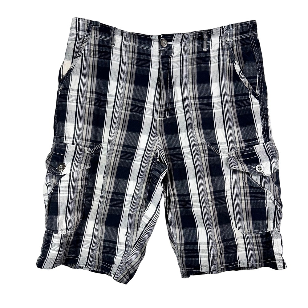 Helix Mens Plaid Cargo Shorts Black White Grey Size 36 Cotton Relaxed Utility